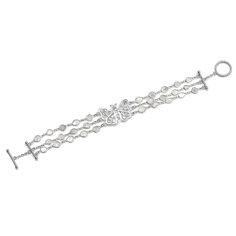 Artisan Crafted Polki Diamond Three Row Butterfly Bracelet in Platinum Over Sterling Silver (7.25 In) 4.00 ctw