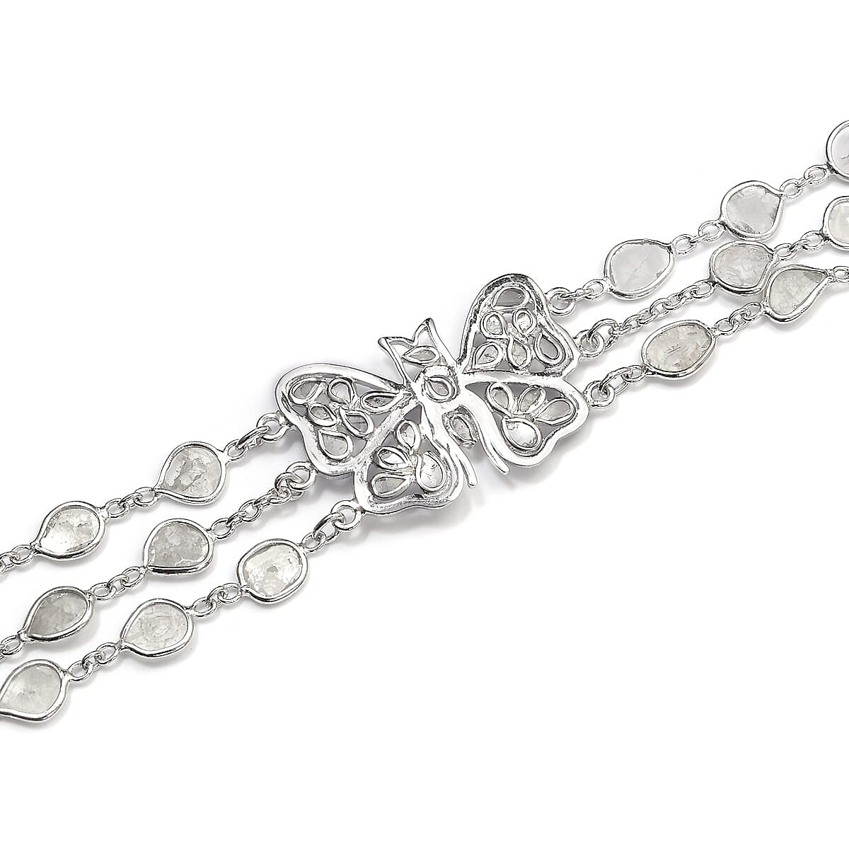 Artisan Crafted Polki Diamond Three Row Butterfly Bracelet in Platinum Over Sterling Silver (7.25 In) 4.00 ctw