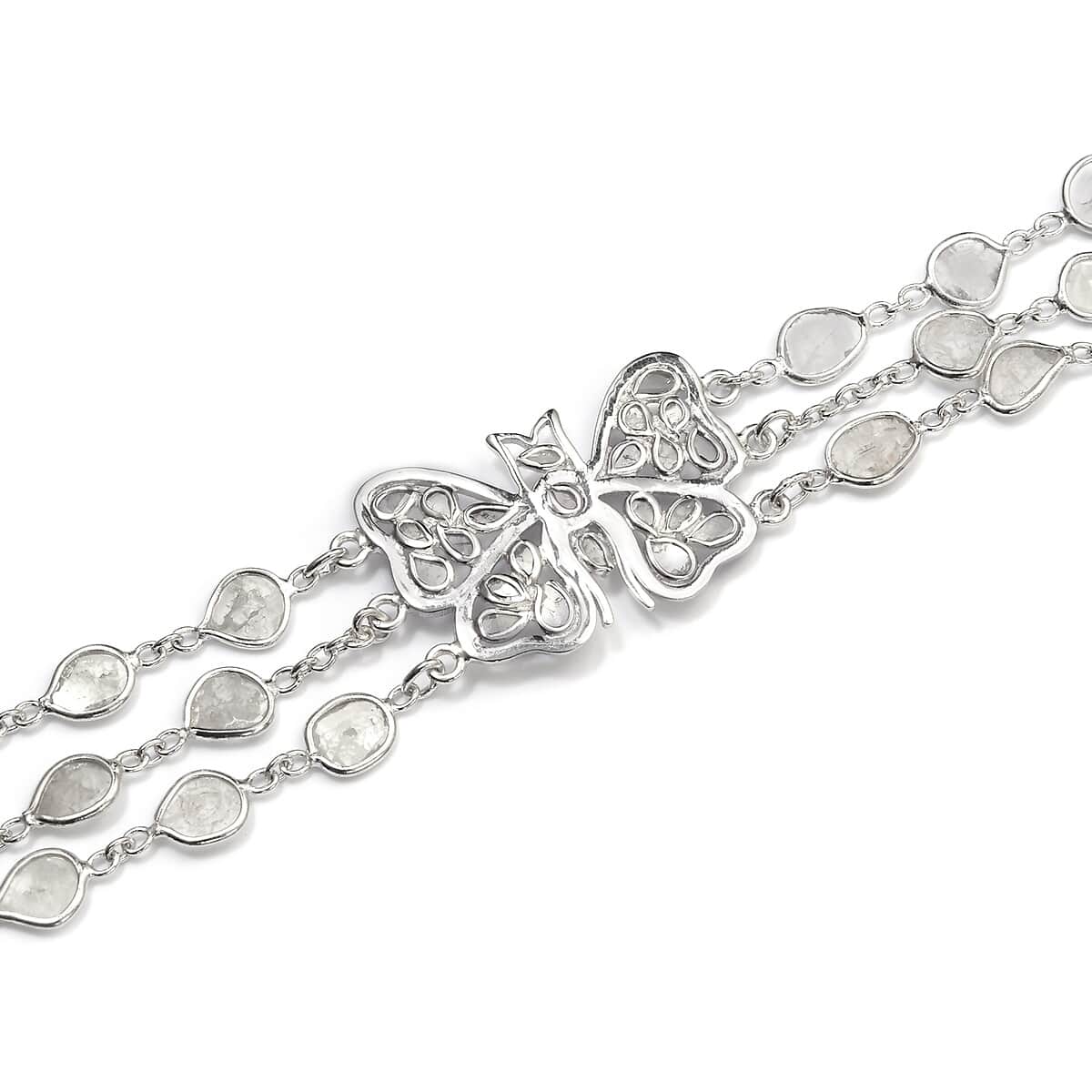 Artisan Crafted Polki Diamond Three Row Butterfly Bracelet in Platinum Over Sterling Silver (7.25 In) 4 ctw image number 1