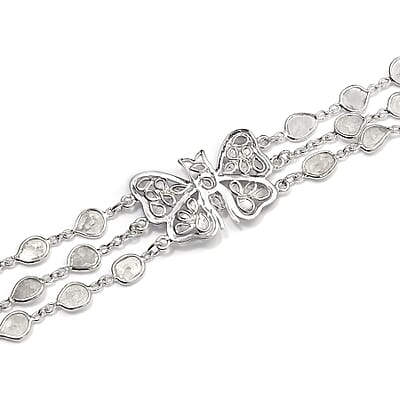 Artisan Crafted Polki Diamond Three Row Butterfly Bracelet in Platinum Over Sterling Silver (7.25 In) 4.00 ctw