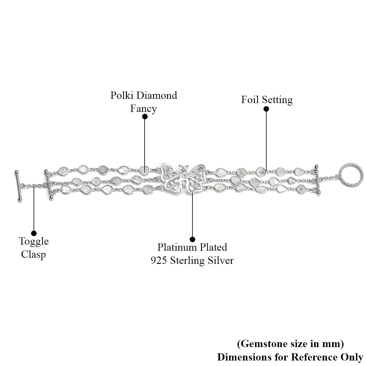 Artisan Crafted Polki Diamond Three Row Butterfly Bracelet in Platinum Over Sterling Silver (7.25 In) 4.00 ctw