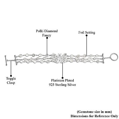 Artisan Crafted Polki Diamond Three Row Butterfly Bracelet in Platinum Over Sterling Silver (7.25 In) 4.00 ctw