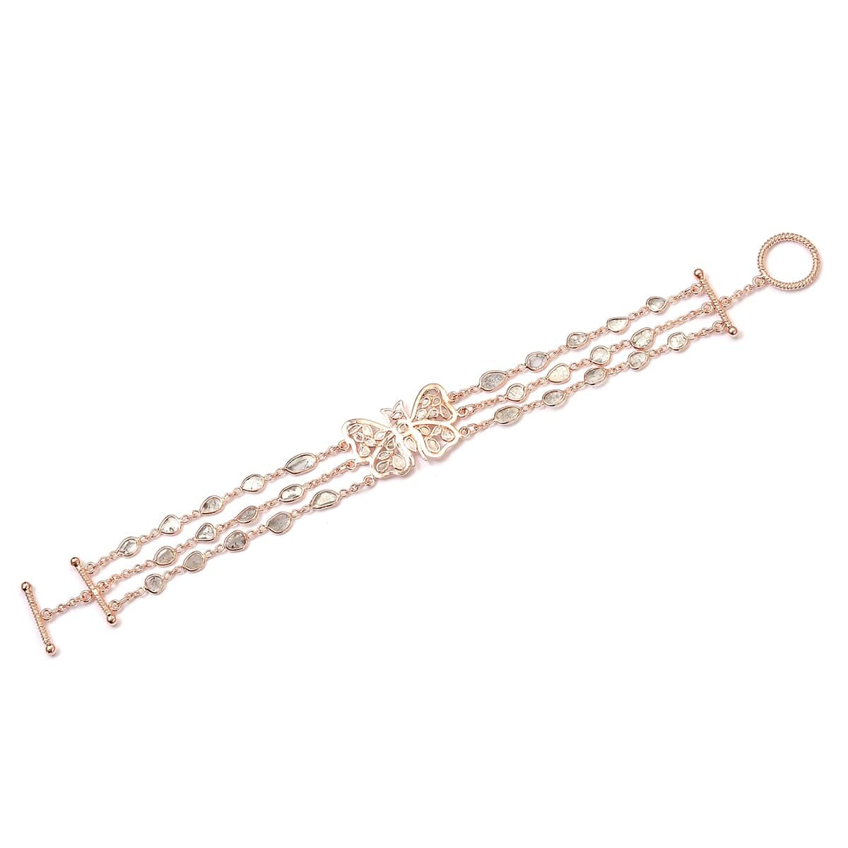 Artisan Crafted Polki Diamond Three Row Butterfly Bracelet in 14K Rose Gold Over Sterling Silver (7.25 In) 4.00 ctw image number 0