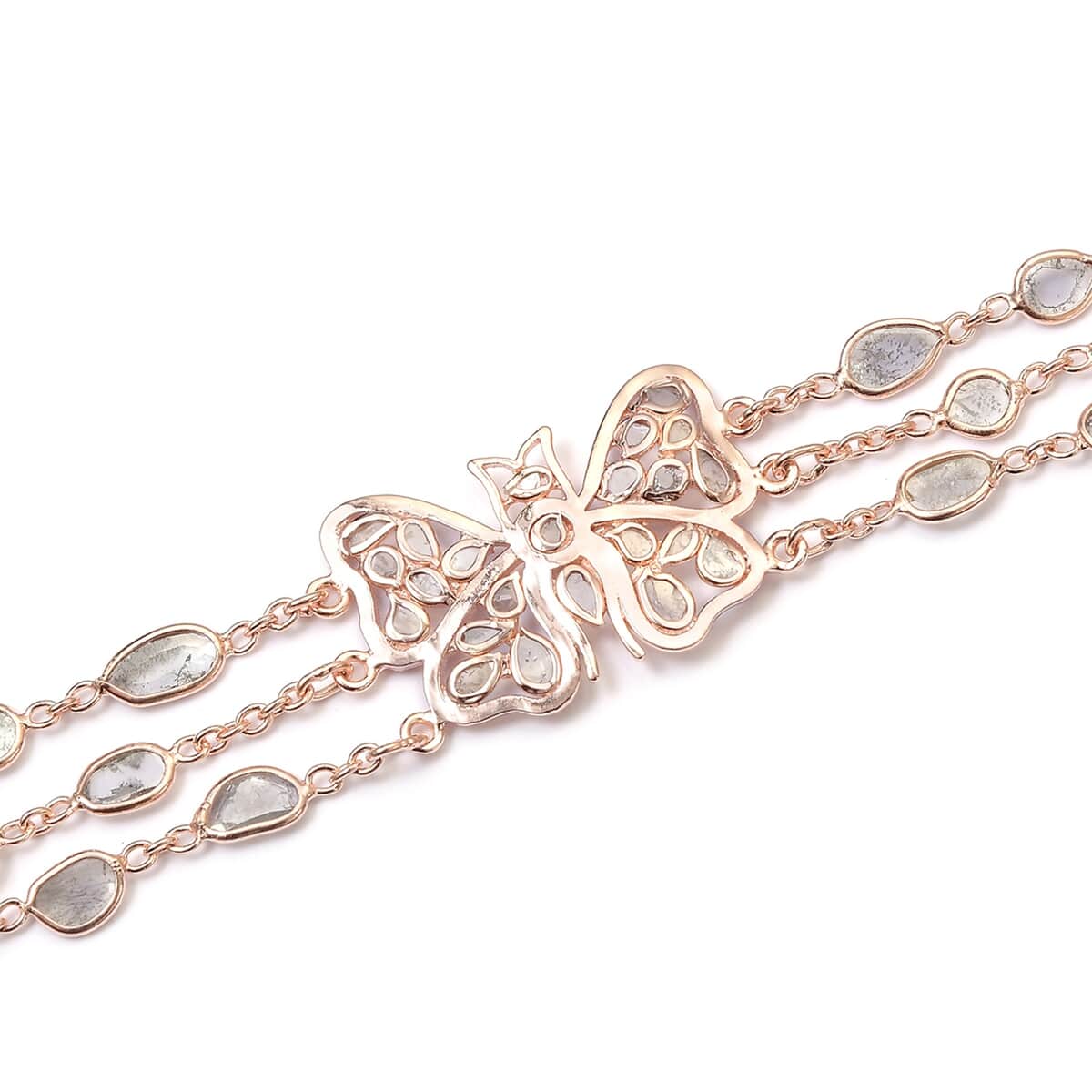 Artisan Crafted Polki Diamond Three Row Butterfly Bracelet in 14K Rose Gold Over Sterling Silver (7.25 In) 4.00 ctw image number 1