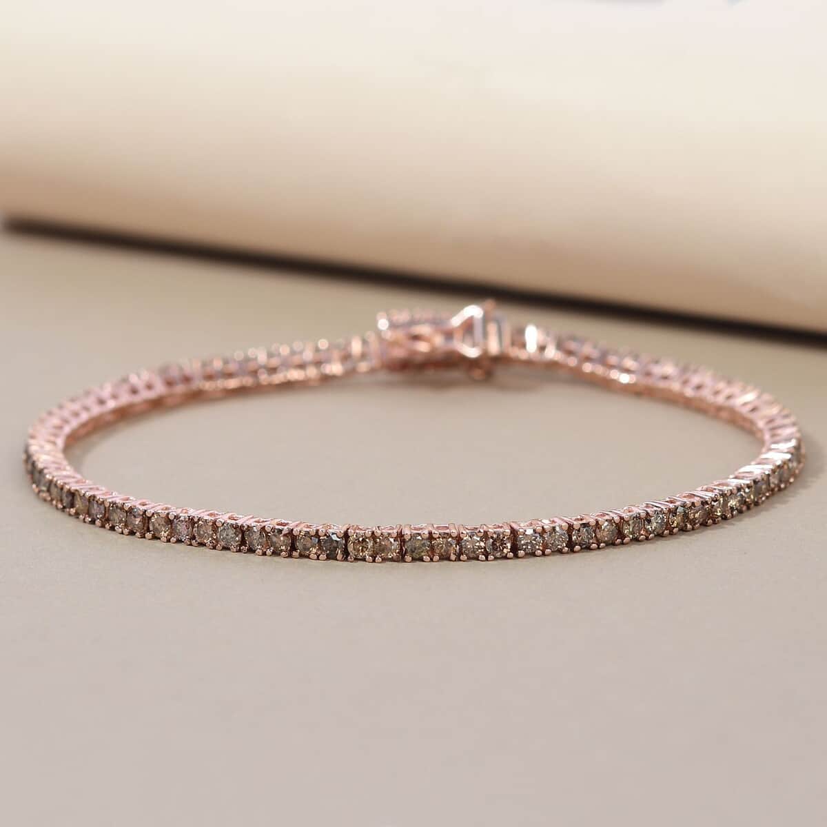 Natural Champagne Diamond Tennis Bracelet in Vermeil Rose Gold Over Sterling Silver (7.25 In) 3.00 ctw image number 1
