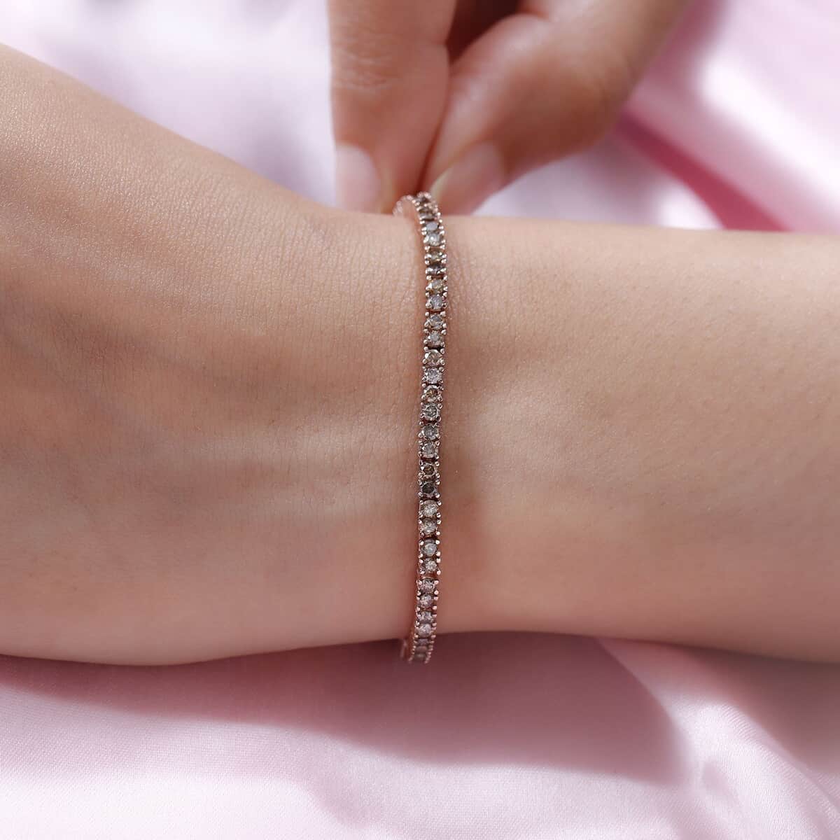 Natural Champagne Diamond Tennis Bracelet in Vermeil Rose Gold Over Sterling Silver (7.25 In) 3.00 ctw image number 2