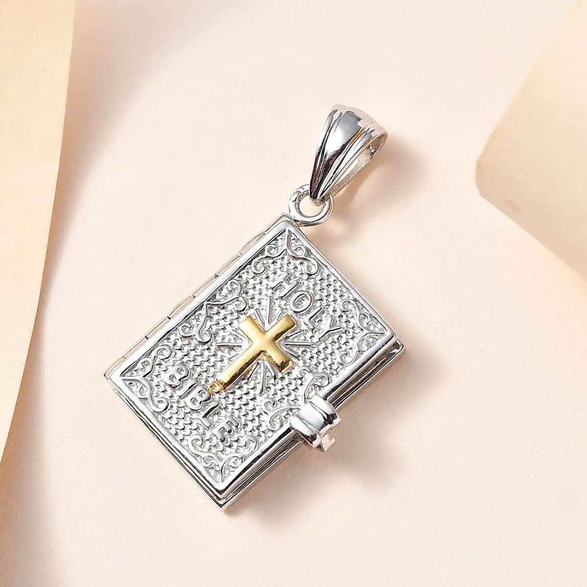 Holy Cross Pendant in Vermeil Yellow Gold and Platinum Over Sterling Silver, Silver Fashion Pendant, Bible Verses Pendant 7.30 Grams image number 1