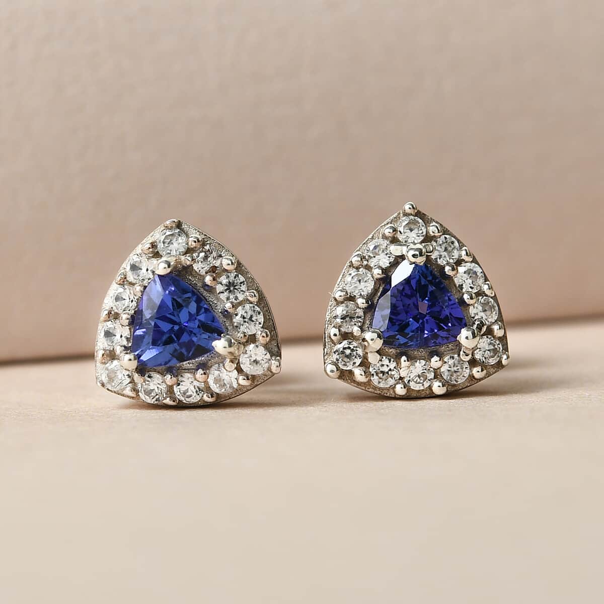 AAA Tanzanite and White Zircon Halo Stud Earrings in Platinum Over Sterling Silver 0.75 ctw image number 2