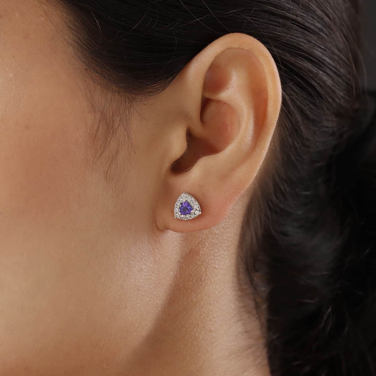 AAA Tanzanite and White Zircon Halo Stud Earrings in Platinum Over Sterling Silver 0.75 ctw image number 3