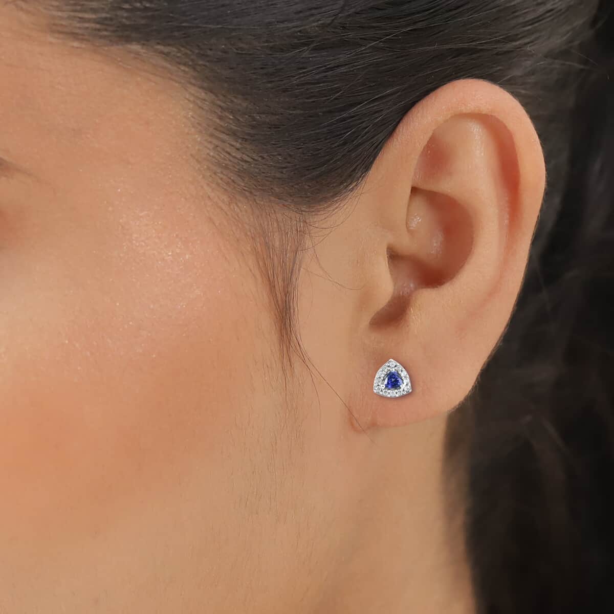 AAA Tanzanite and White Zircon Halo Stud Earrings in Platinum Over Sterling Silver 0.75 ctw image number 4
