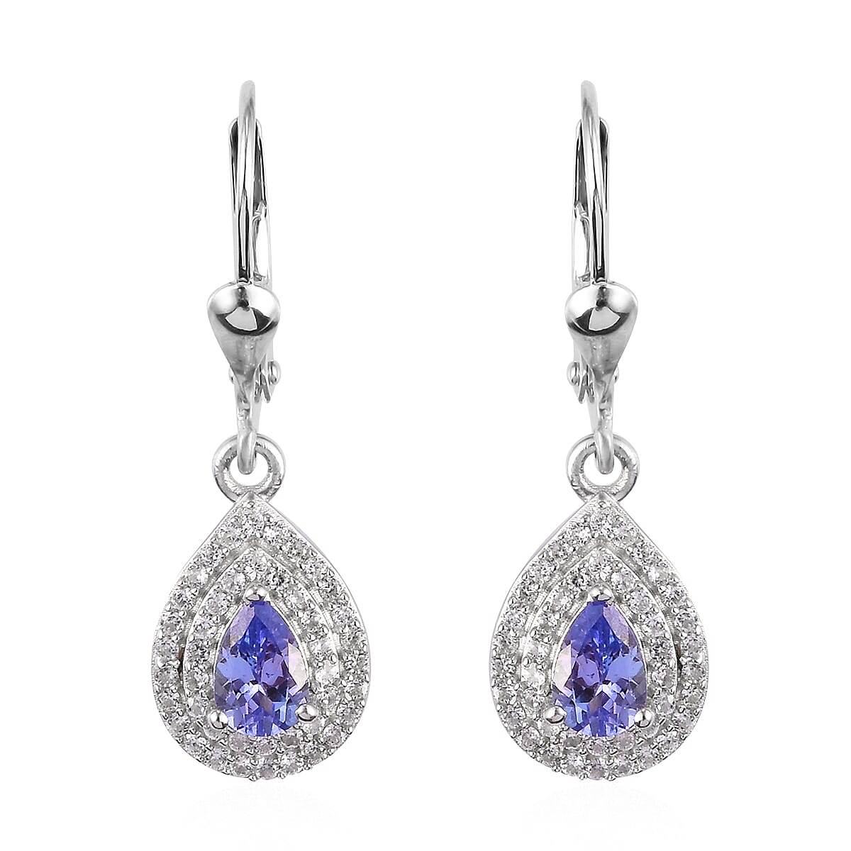 Tanzanite and Natural White Zircon Halo Drop Earrings in Platinum Over Sterling Silver 1.60 ctw