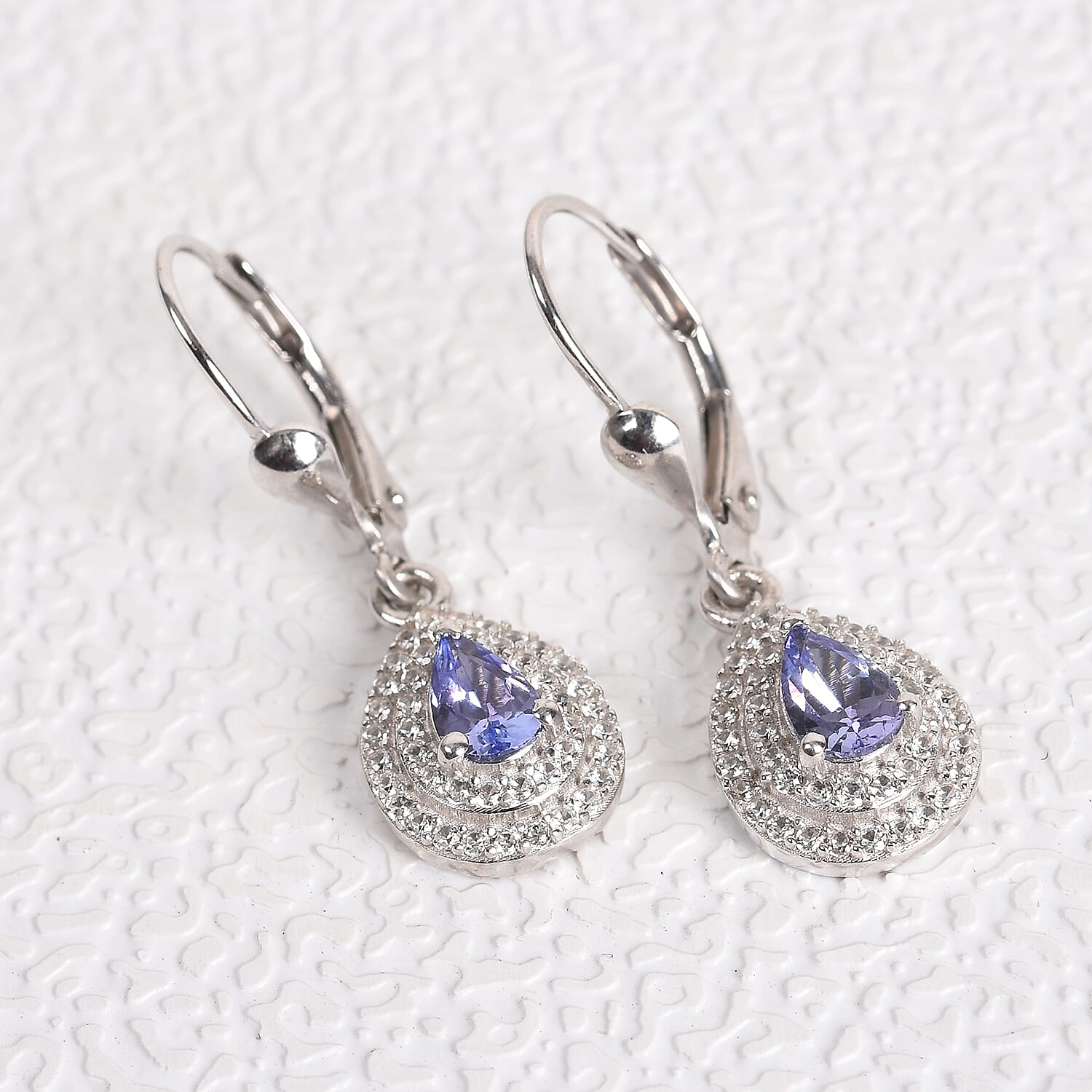 Tanzanite and Natural White Zircon Halo Drop Earrings in Platinum Over Sterling Silver 1.60 ctw