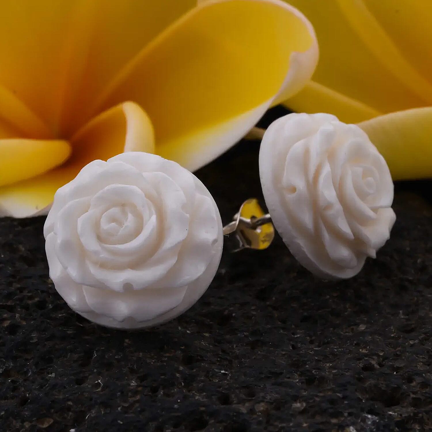 Carved Bone Rose Flower Stud Earrings in Sterling Silver