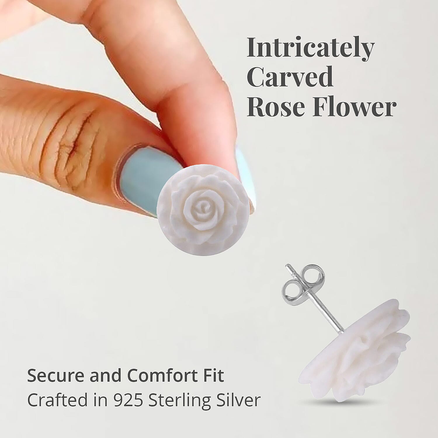 Carved Bone Rose Flower Stud Earrings in Sterling Silver