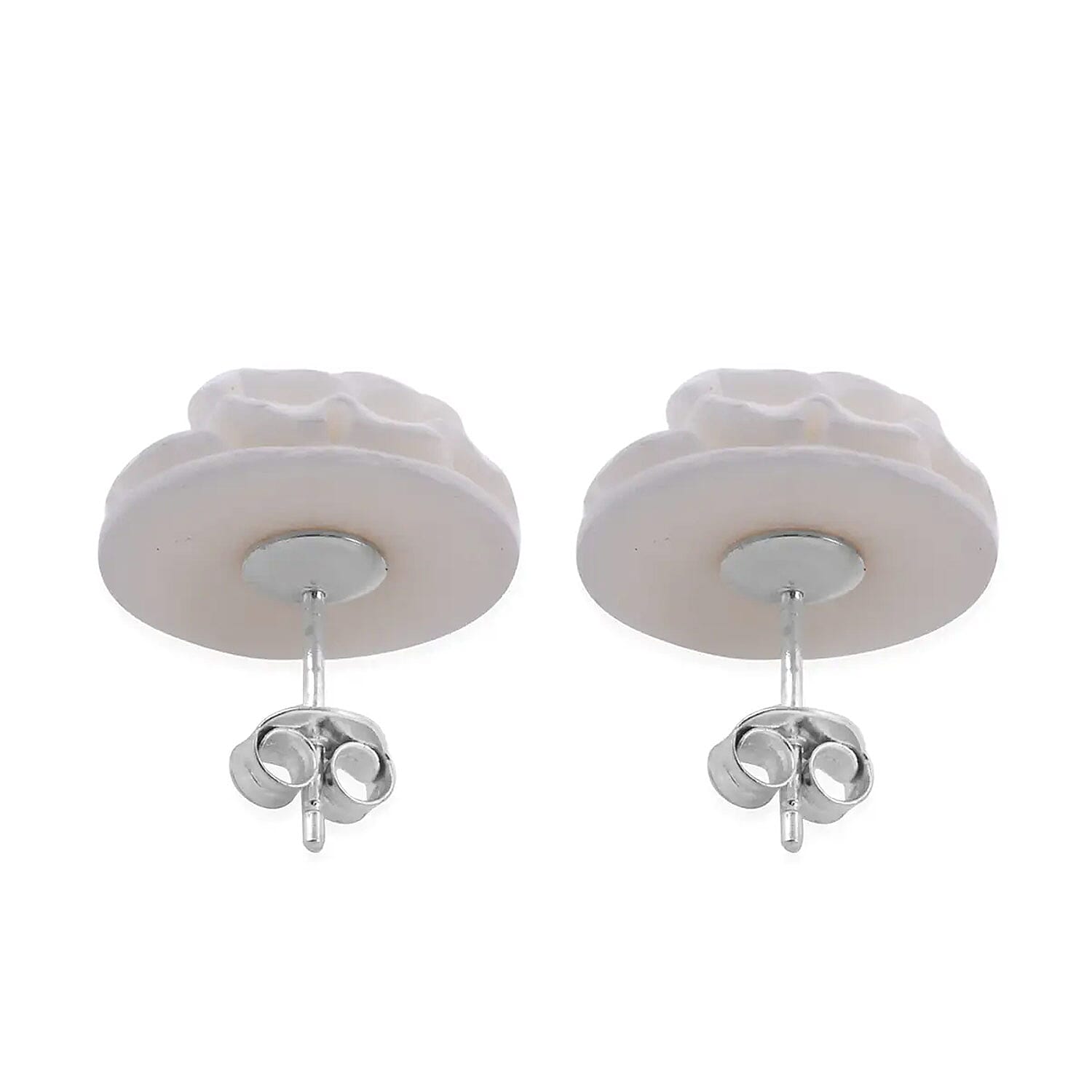 Carved Bone Rose Flower Stud Earrings in Sterling Silver