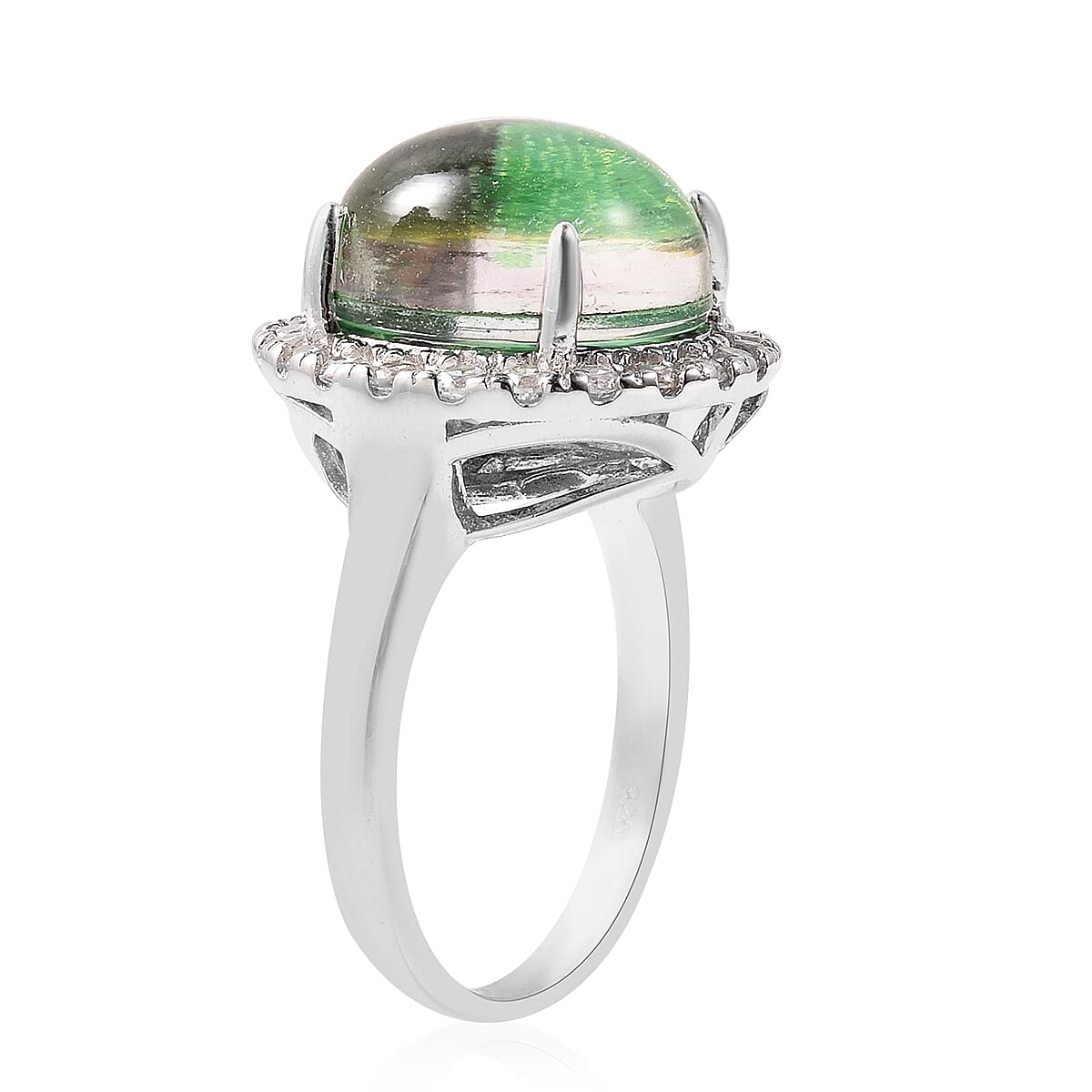 Trapiche Emerald Quartz and White Zircon Ring in Sterling Silver (Size 9.0) 7.75 ctw image number 3