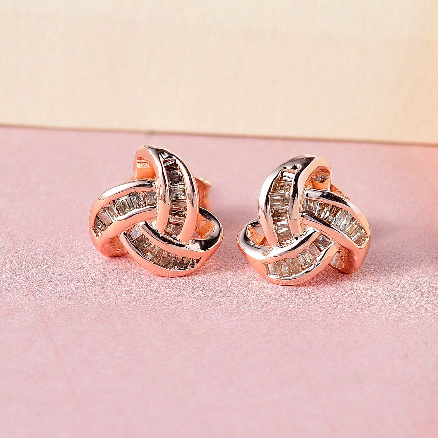 Natural Champagne Diamond Knotted Stud Earrings in 14K Rose Gold Over Sterling Silver 0.25 ctw
