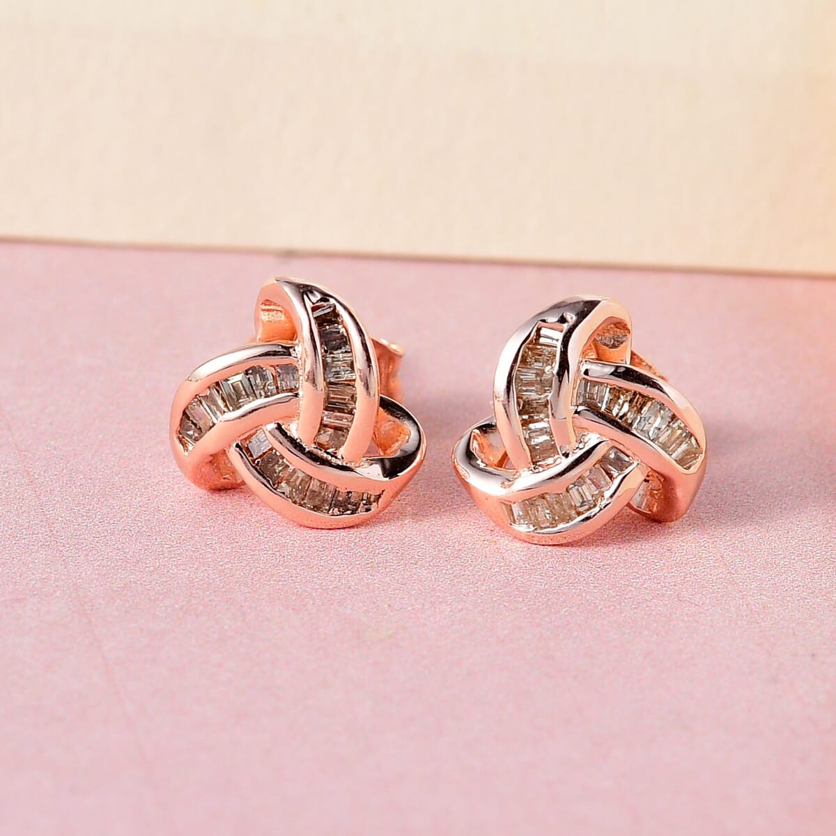 Natural Champagne Diamond Knotted Stud Earrings in 14K Rose Gold Over Sterling Silver 0.25 ctw image number 1