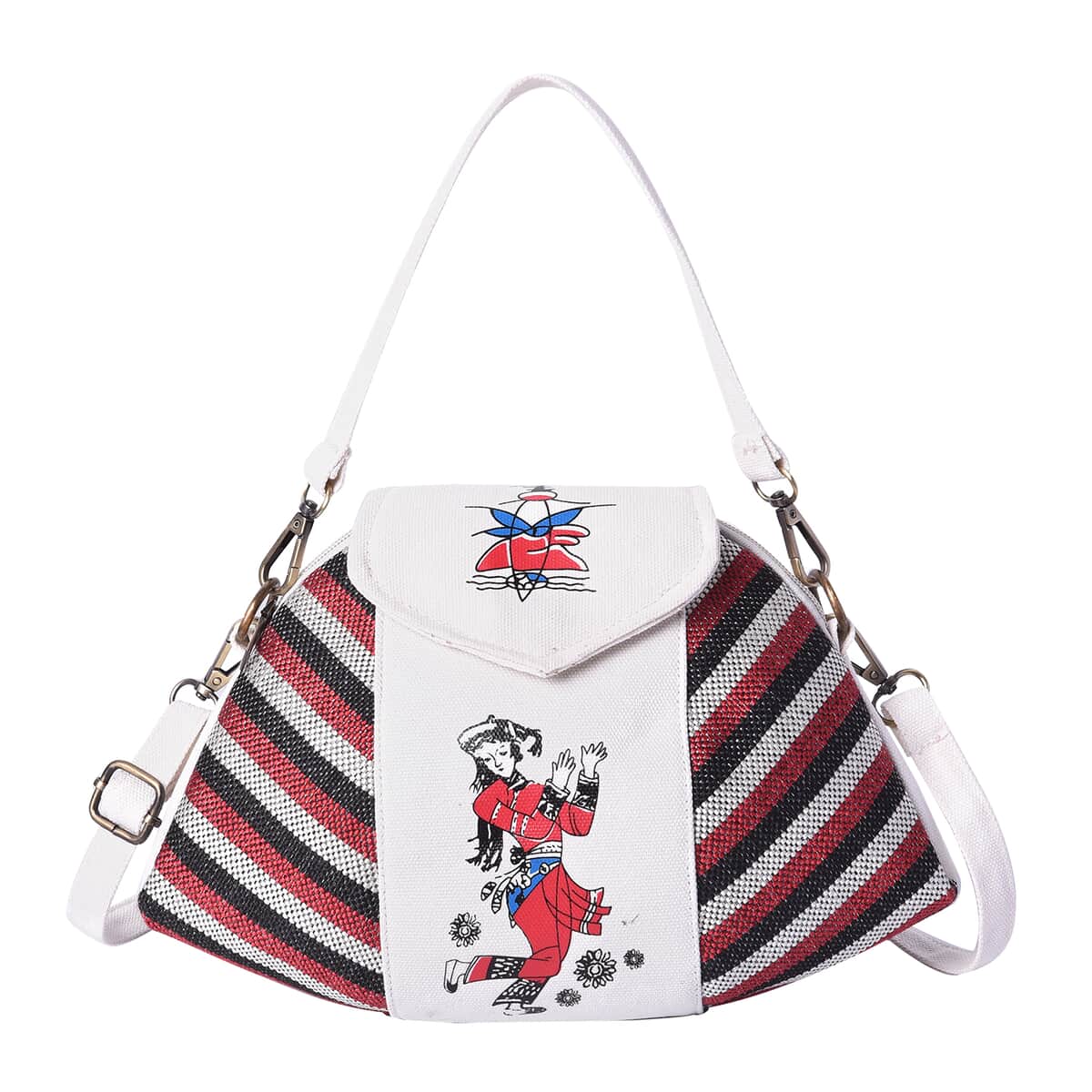 Ethnic Bag Collection White with Multi Color Stripe Pattern Jute Tote Bag with Shoulder Strap image number 0