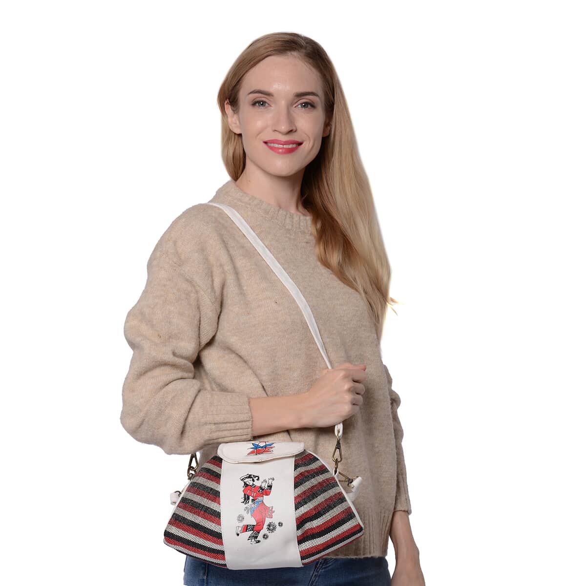 Ethnic Bag Collection White with Multi Color Stripe Pattern Jute Tote Bag with Shoulder Strap image number 1