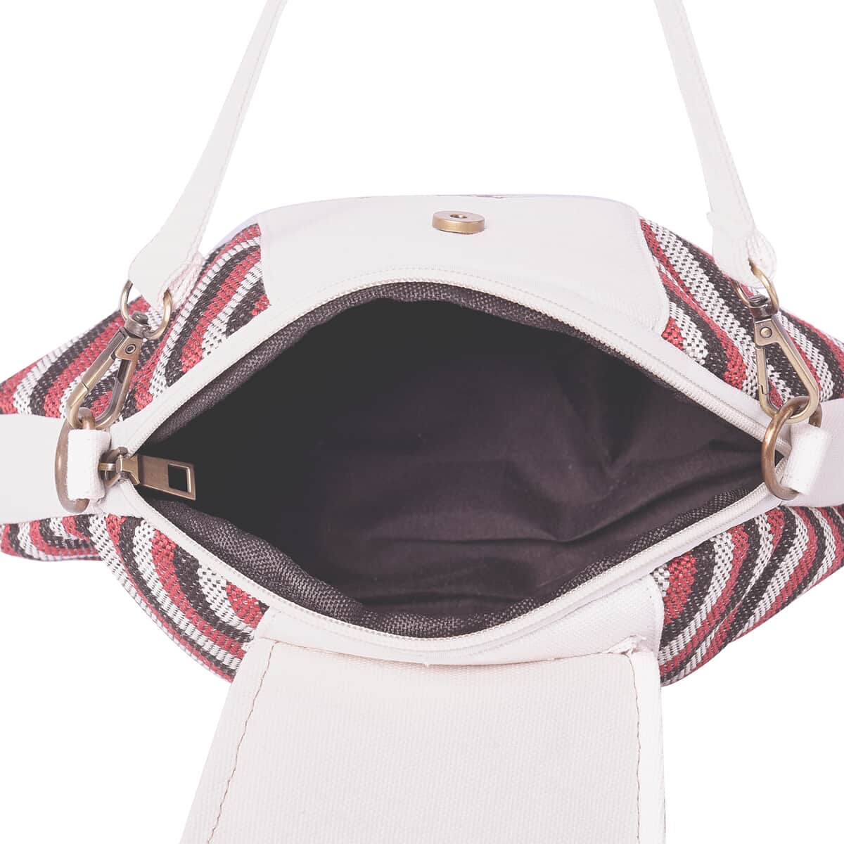 Ethnic Bag Collection White with Multi Color Stripe Pattern Jute Tote Bag with Shoulder Strap image number 3