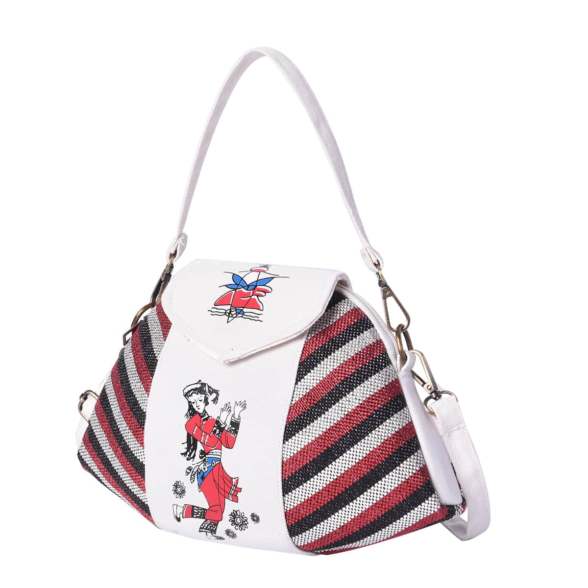 Ethnic Bag Collection White with Multi Color Stripe Pattern Jute Tote Bag with Shoulder Strap image number 4