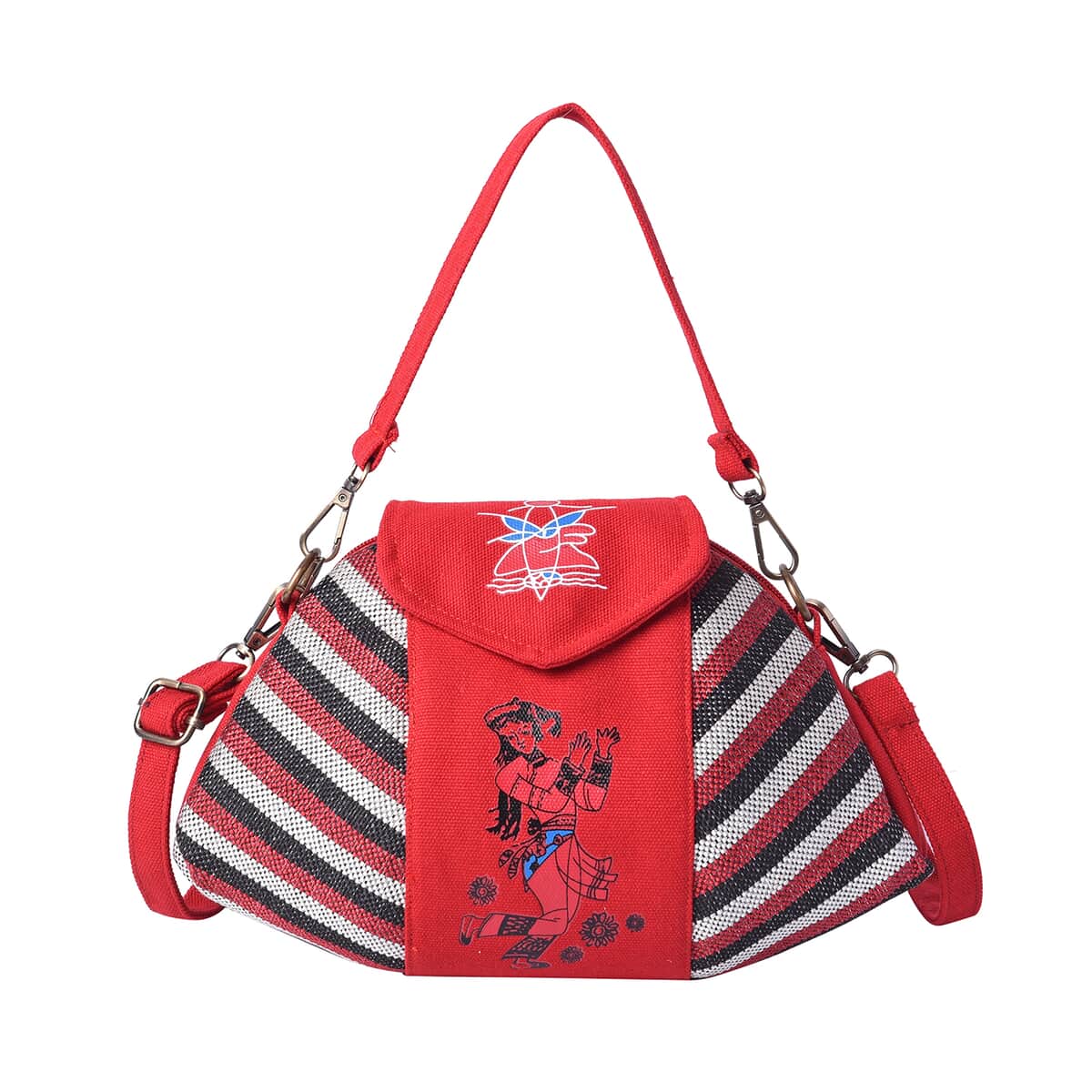 Ethnic Bag Collection Red with Multi Color Stripe Pattern Jute Tote Bag with Shoulder Strap image number 0