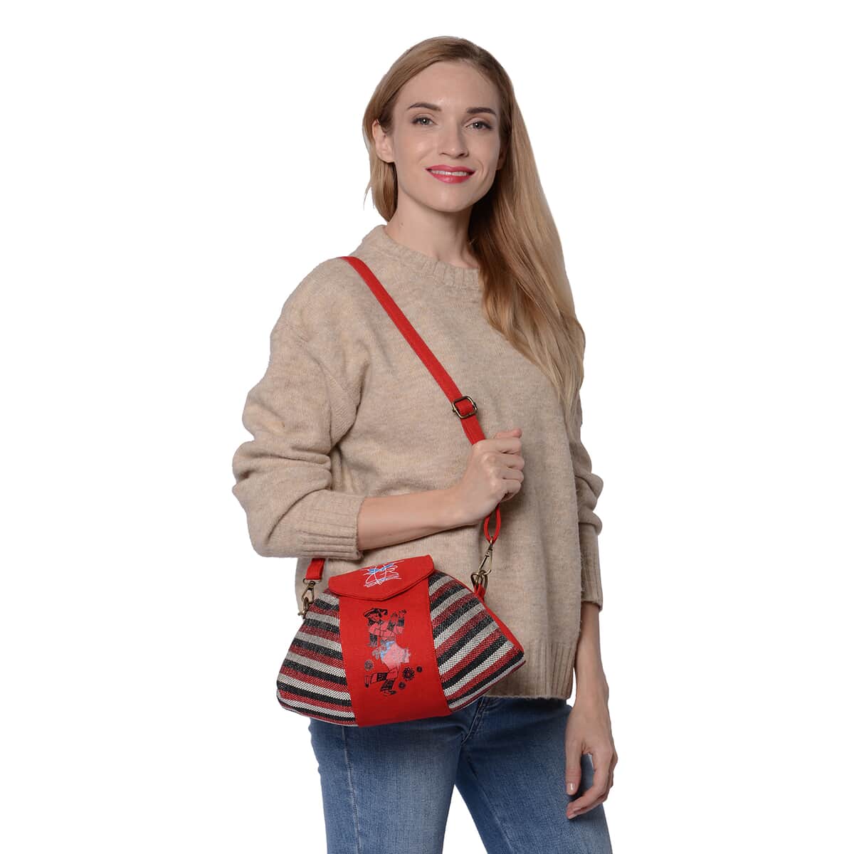 Ethnic Bag Collection Red with Multi Color Stripe Pattern Jute Tote Bag with Shoulder Strap image number 1