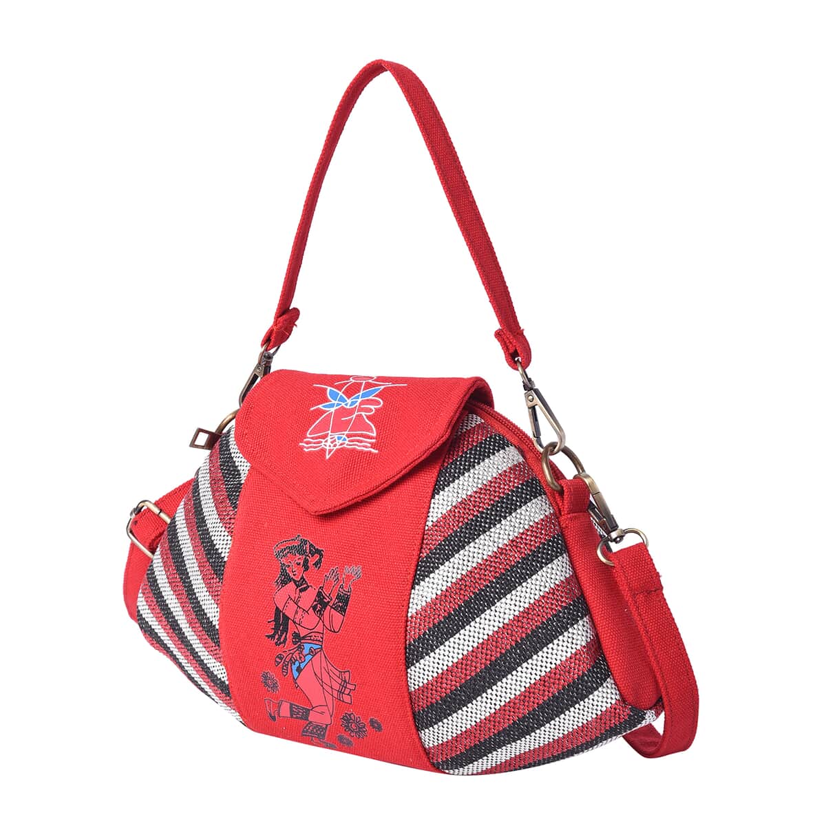 Ethnic Bag Collection Red with Multi Color Stripe Pattern Jute Tote Bag with Shoulder Strap image number 4