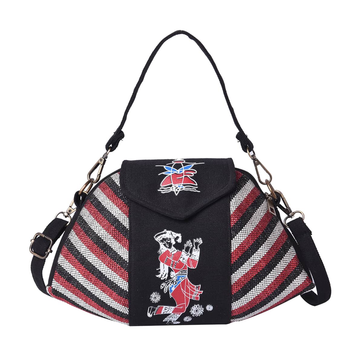 Ethnic Bag Collection Black with Multi Color Stripe Pattern Jute Tote Bag with Shoulder Strap image number 0