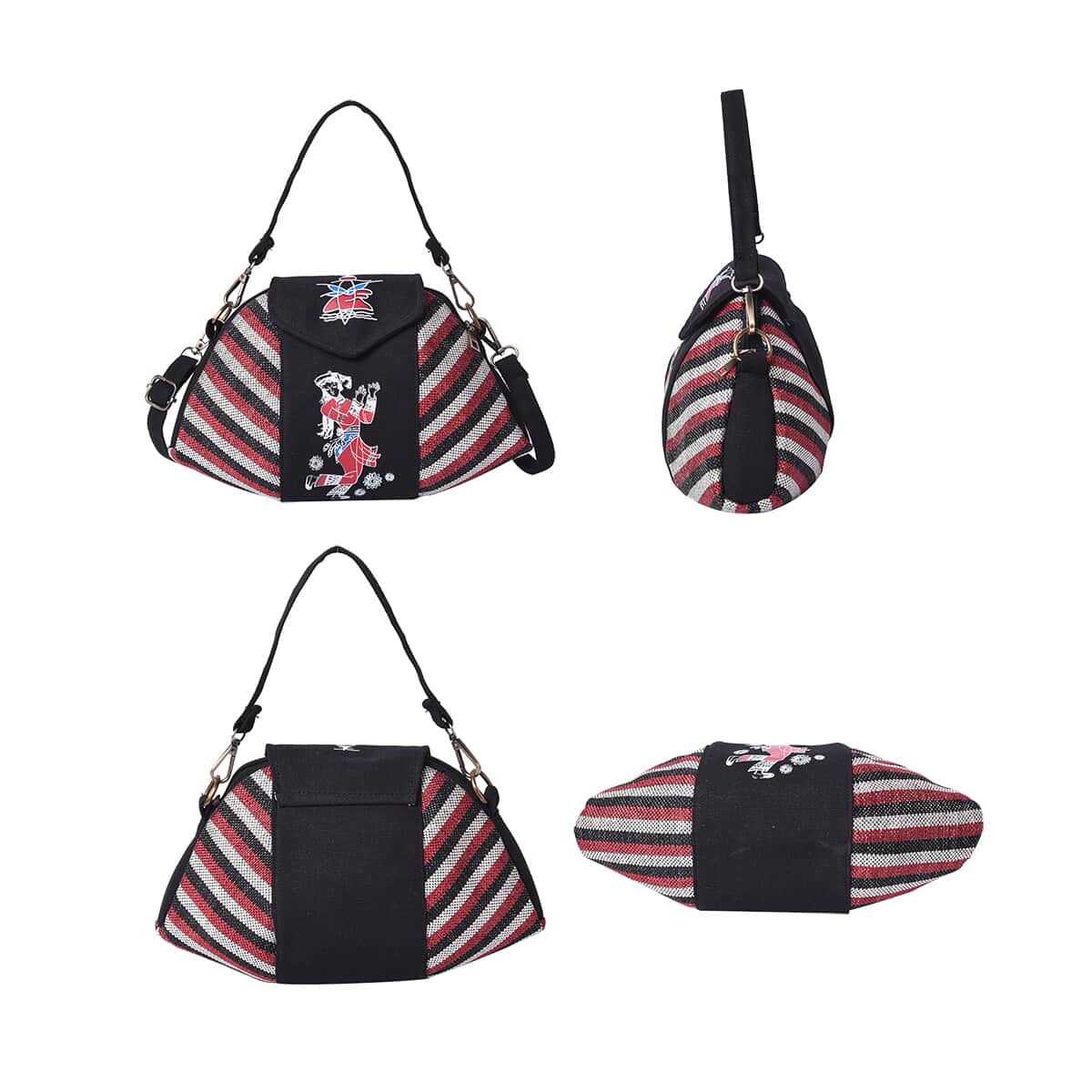 Ethnic Bag Collection Black with Multi Color Stripe Pattern Jute Tote Bag with Shoulder Strap image number 2