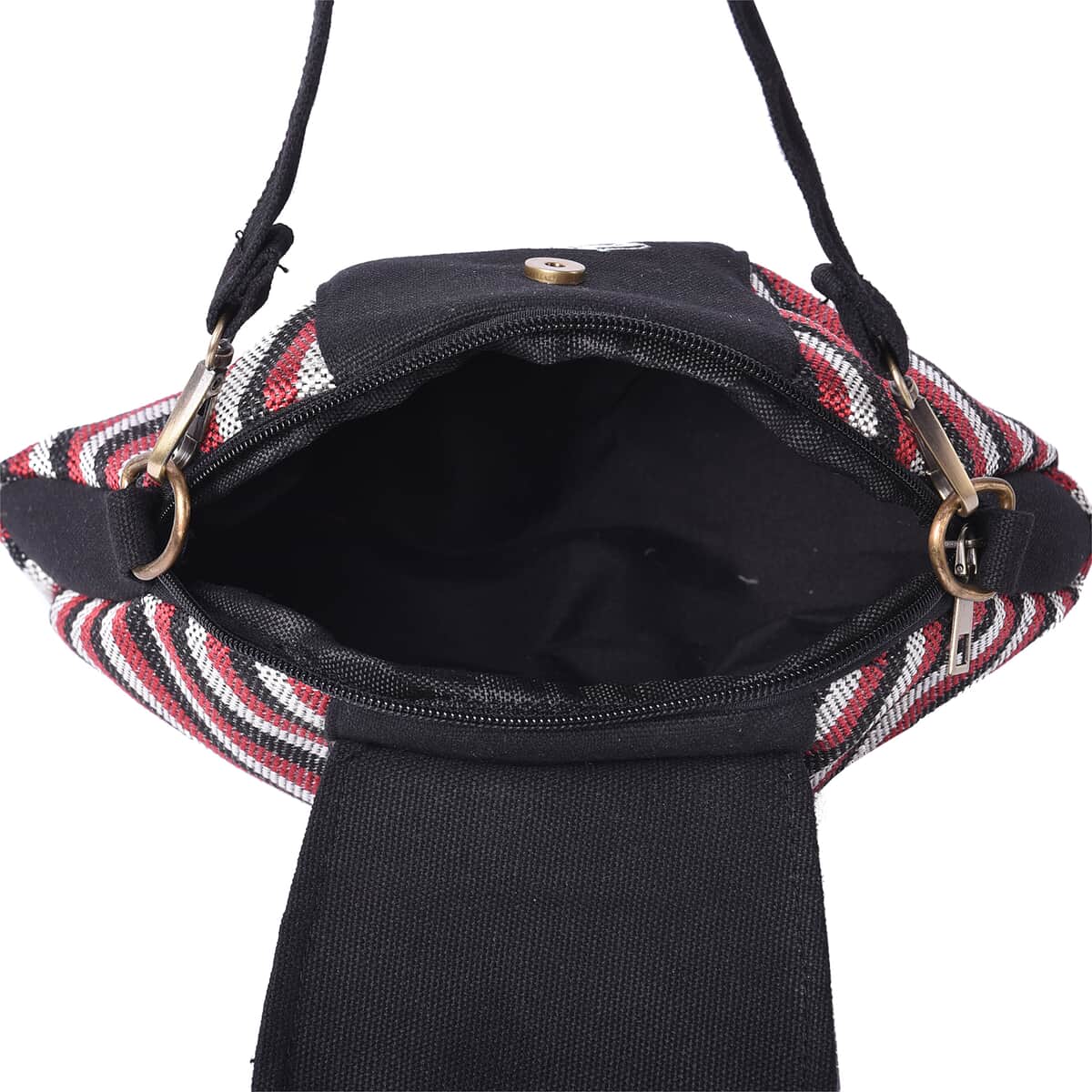 Ethnic Bag Collection Black with Multi Color Stripe Pattern Jute Tote Bag with Shoulder Strap image number 3