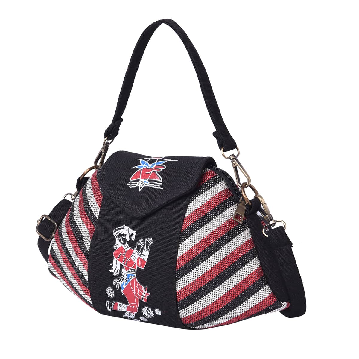 Ethnic Bag Collection Black with Multi Color Stripe Pattern Jute Tote Bag with Shoulder Strap image number 4