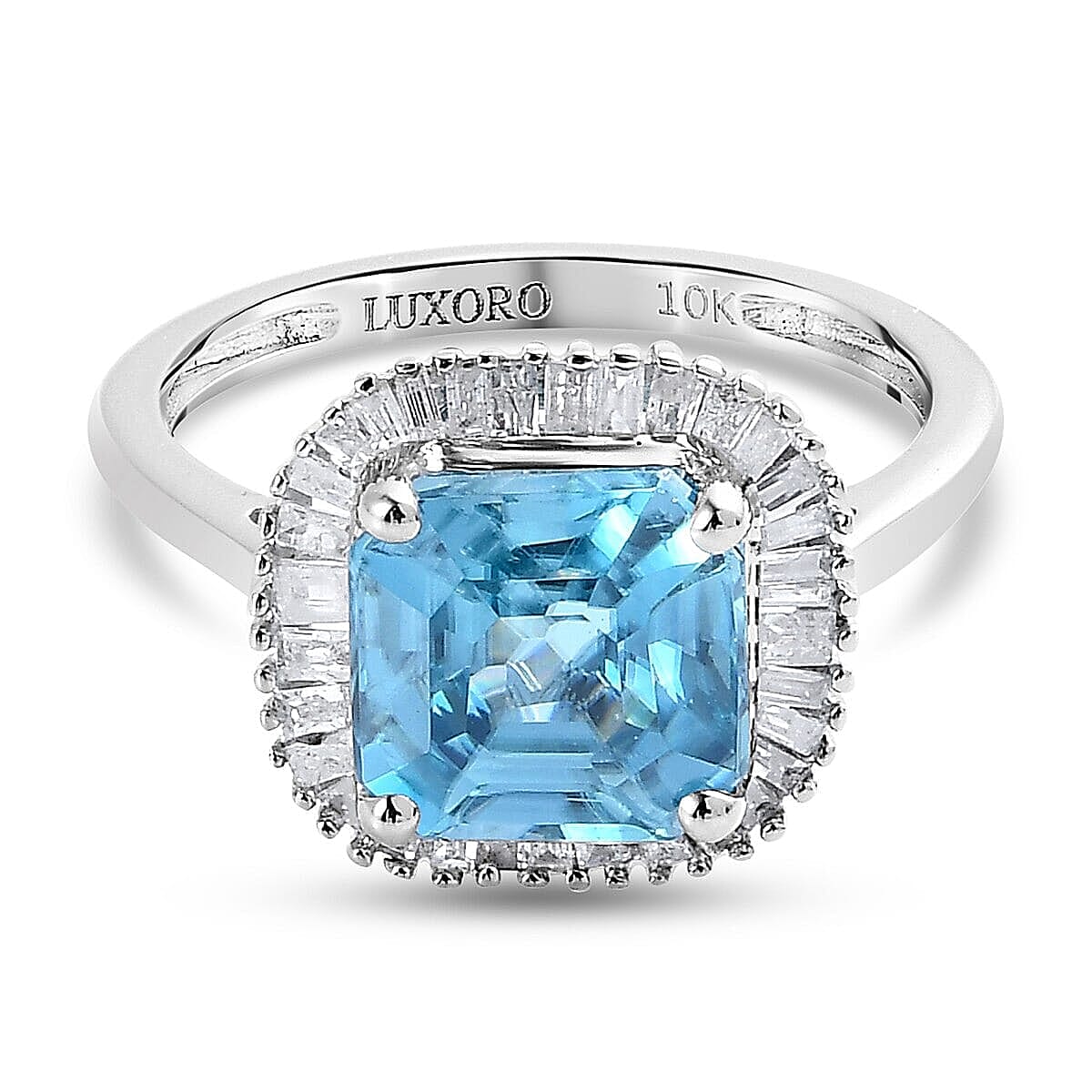 10K White Gold Asscher Cut Premium Ratanakiri Blue Zircon and Diamond Ballerina Ring (Size 10.0) 2.20 Grams 3.75 ctw