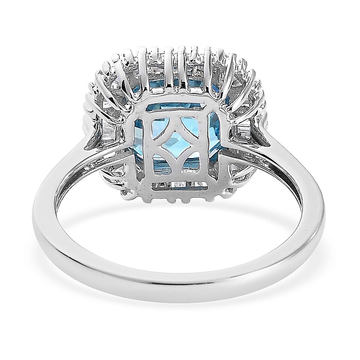 10K White Gold Asscher Cut Premium Ratanakiri Blue Zircon and Diamond Ballerina Ring (Size 10.0) 2.20 Grams 3.75 ctw