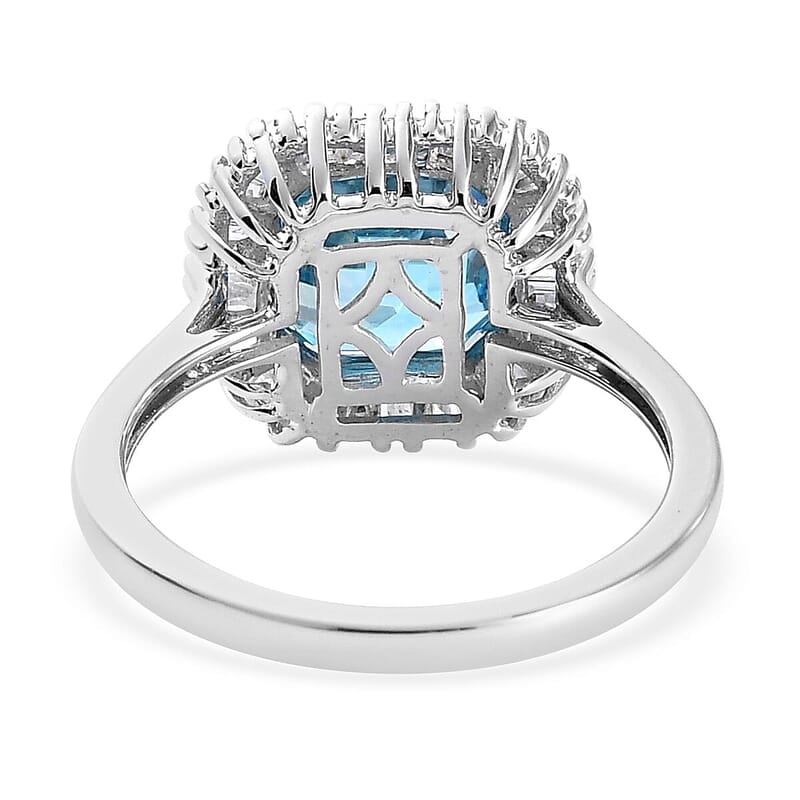 10K White Gold Asscher Cut Premium Ratanakiri Blue Zircon and Diamond Ballerina Ring (Size 10.0) 2.20 Grams 3.75 ctw