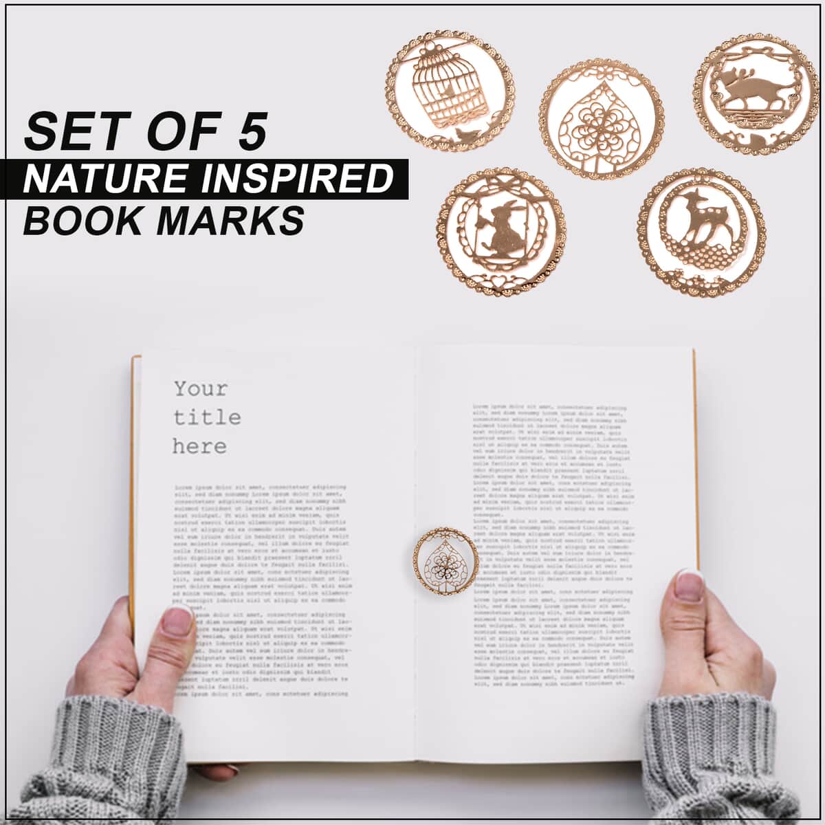 Set of 5 Nature Inspired Heart, Birdcage, Rabbit, Deer and Cat Pattern Book Marks in 14K YG Over Copper image number 1
