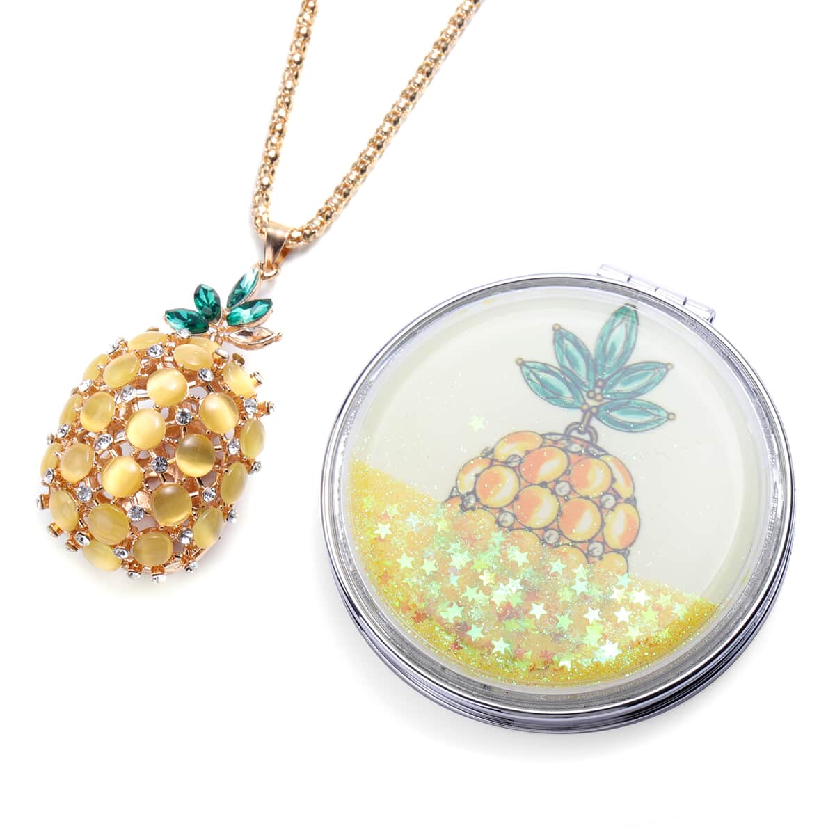 Lab Created Yellow Cat's Eye and Multi Gemstone Enameled Pineapple Pendant Necklace in Dualtone 28 Inches with Compact Mirror image number 0