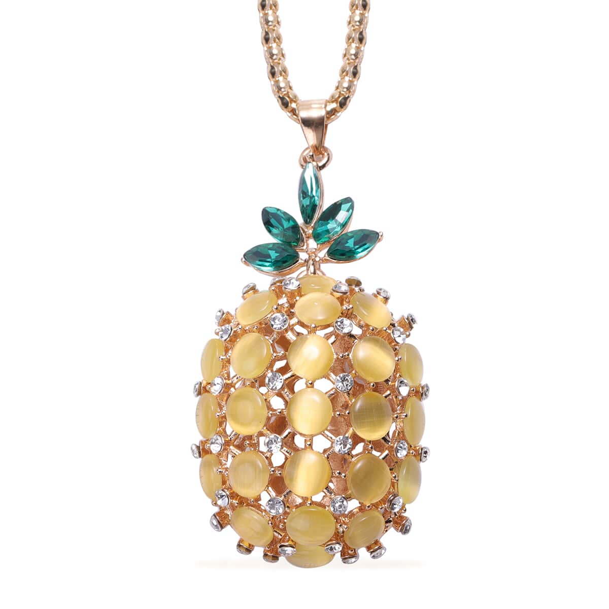 Lab Created Yellow Cat's Eye and Multi Gemstone Enameled Pineapple Pendant Necklace in Dualtone 28 Inches with Compact Mirror image number 1