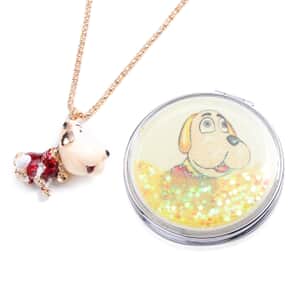 Austrian Crystal and Resin Enameled Dog Pendant Necklace in Dualtone 28 Inches with Compact Mirror
