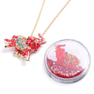 Multi Color Austrian Crystal and Enameled Royal Elephant Pendant Necklace in Dualtone 28 Inches with Compact Mirror