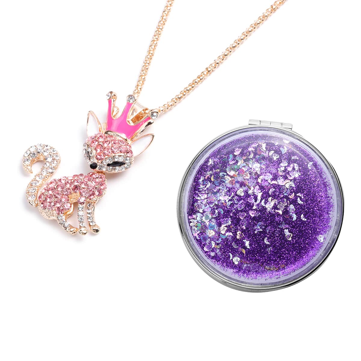 Multi Color Austrian Crystal and Enameled Fox Pendant Necklace in Dualtone 28 Inches with Compact Mirror image number 0