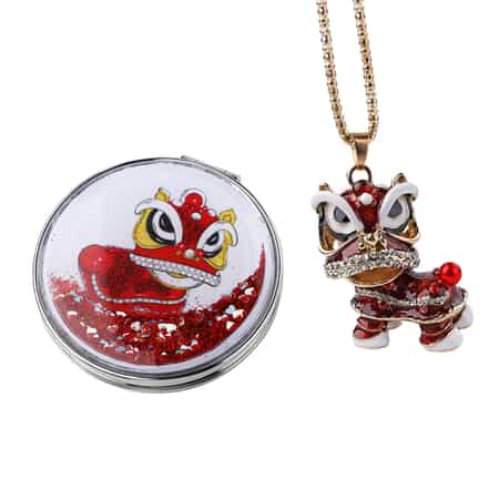 Austrian Crystal and Simulated Pearl Enameled Lion Pendant Necklace in Dualtone 28 Inches with Compact Mirror image number 0