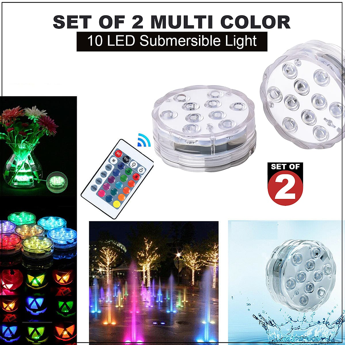 Set of 2 Multi Color 10 LED Submersible Light with 2pcs Remote image number 1
