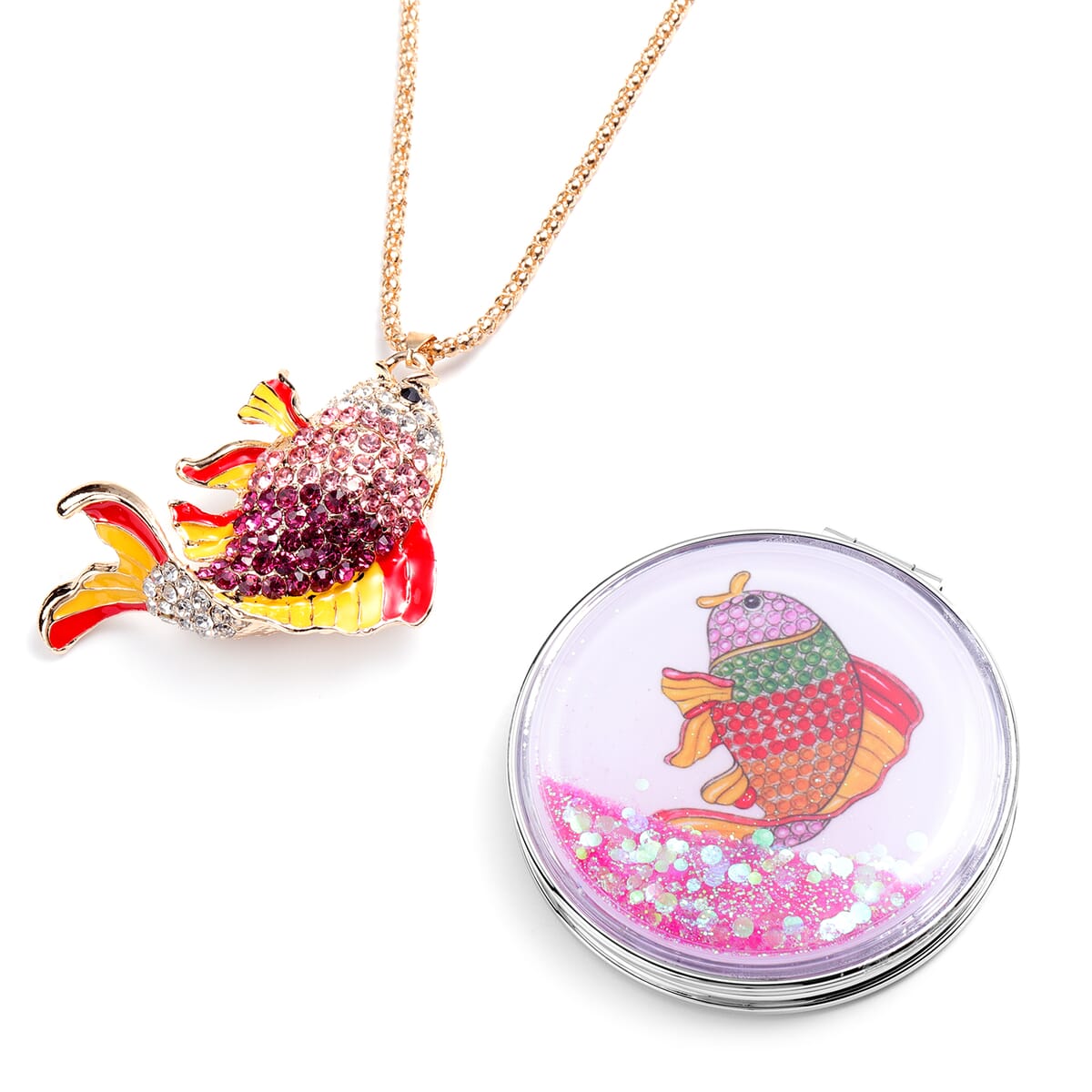 Multi Color Austrian Crystal and Enameled Fish Pendant Necklace in Dualtone 28 Inches with Compact Mirror image number 0