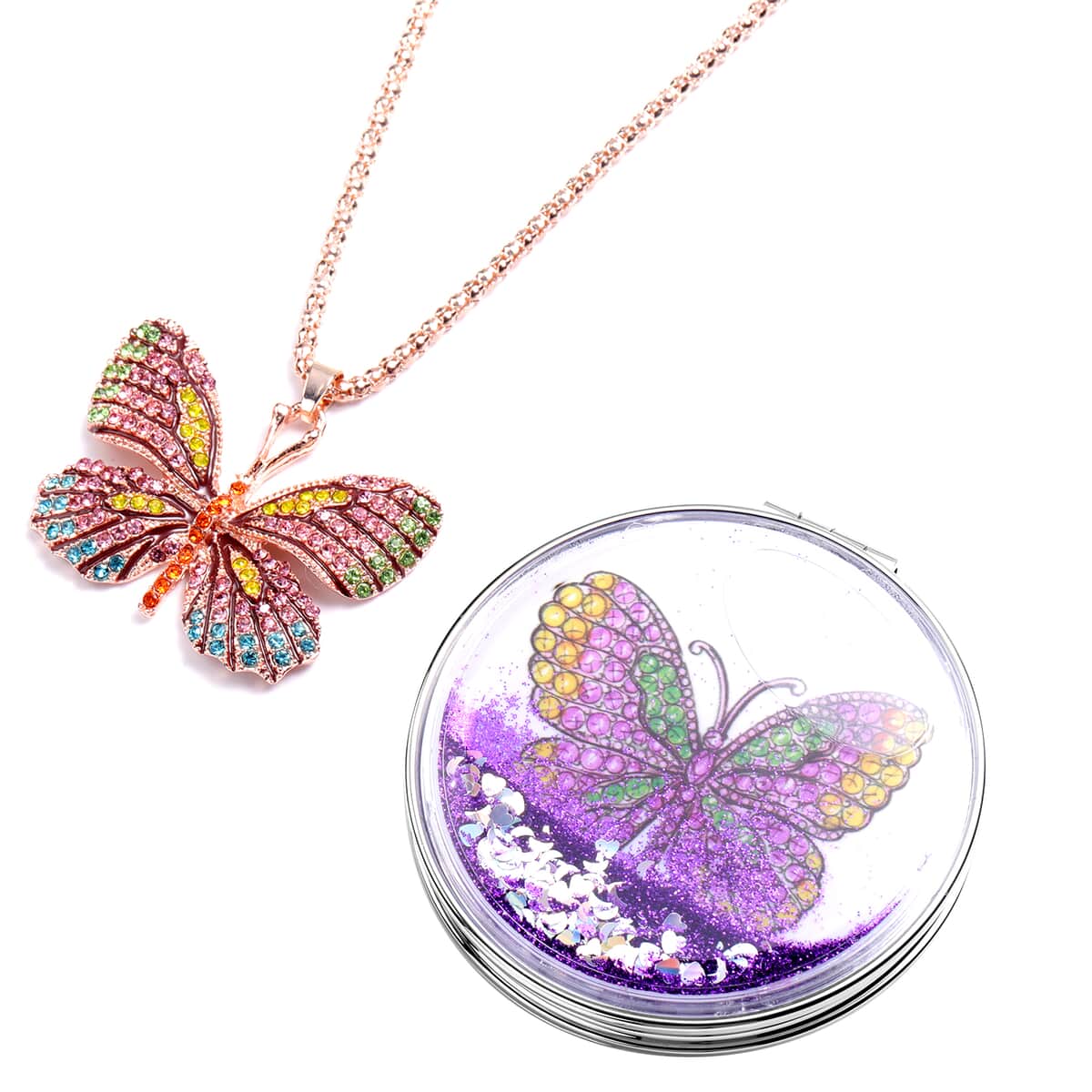 Multi Color Austrian Crystal and Enameled Butterfly Pendant Necklace in Dualtone 28 Inches with Compact Mirror image number 0