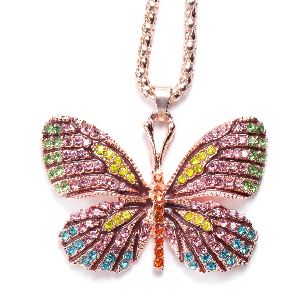 Multi Color Austrian Crystal and Enameled Butterfly Pendant Necklace in Dualtone 28 Inches with Compact Mirror image number 1