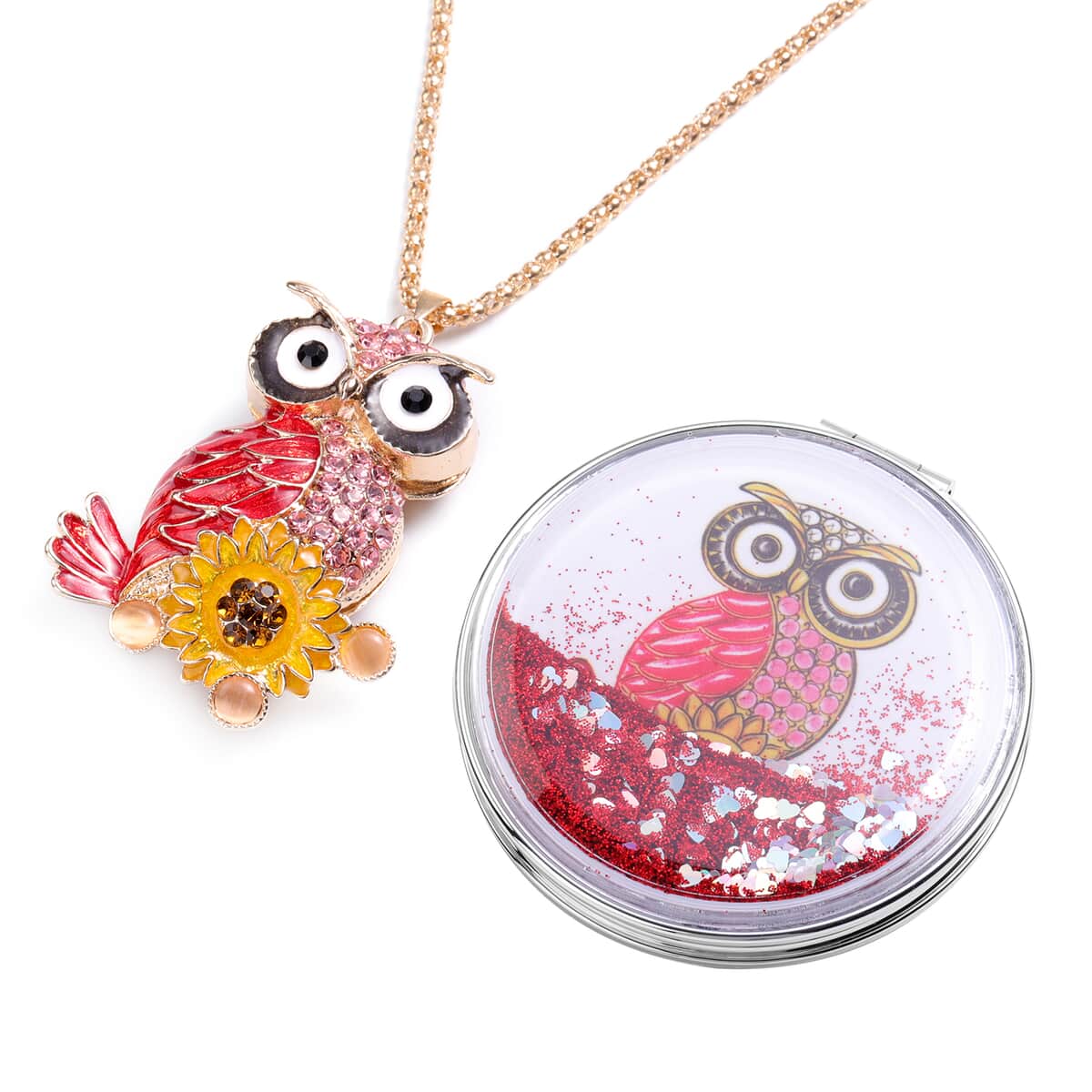 Multi Color Austrian Crystal and Lab Created Cats Eye Champagne Enameled Owl Pendant Necklace in Dualtone 28 Inches with Compact Mirror image number 0