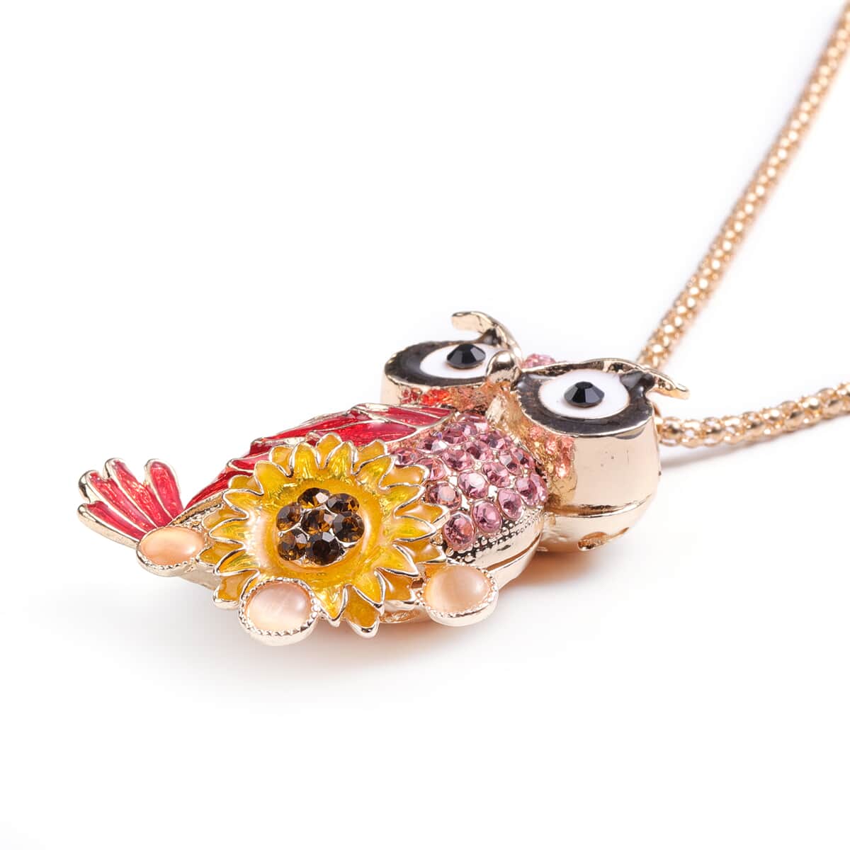 Multi Color Austrian Crystal and Lab Created Cats Eye Champagne Enameled Owl Pendant Necklace in Dualtone 28 Inches with Compact Mirror image number 2