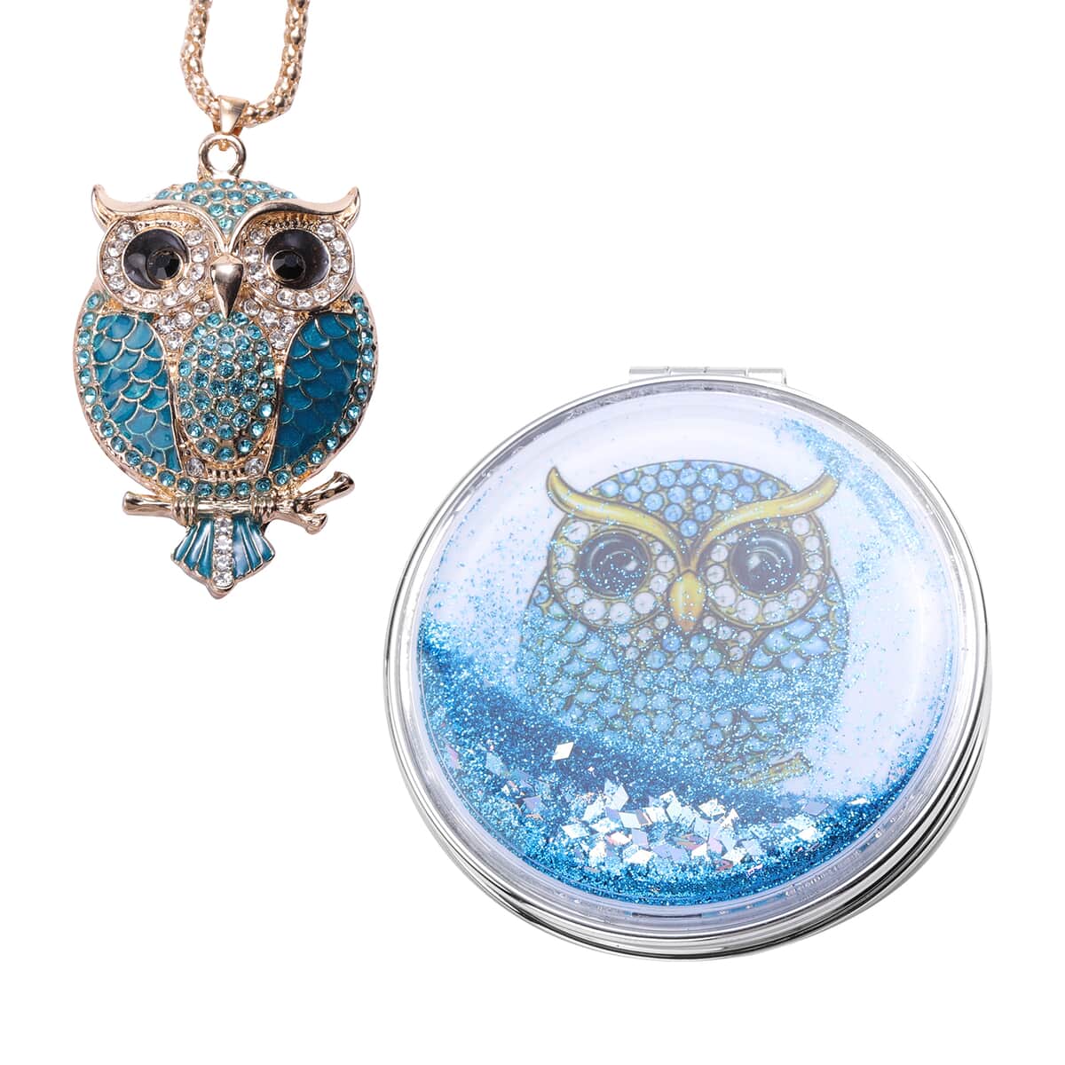 Multi Color Austrian Crystal and Lab Created Cats Eye Champagne Enameled Owl Pendant Necklace in Dualtone 28 Inches with Compact Mirror image number 0